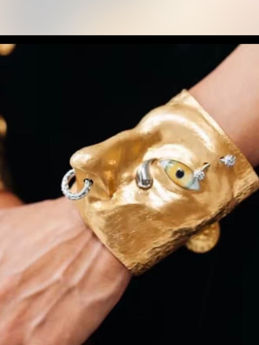 Inspired Schiaparelli Gold Face Cuff Bracelet with Eye and Ring Detail